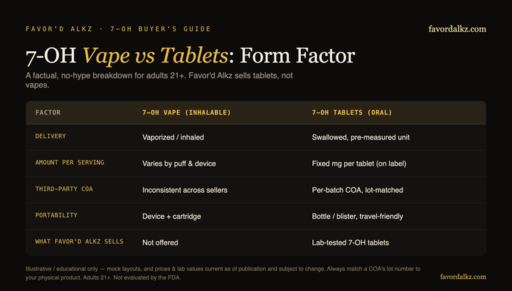 7-OH vape vs tablets form factor comparison (Favor'd Alkz)