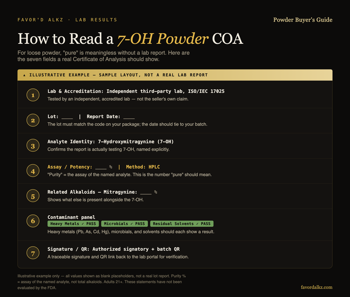 How to read a 7-OH powder Certificate of Analysis — illustrative example (Favor'd Alkz)
