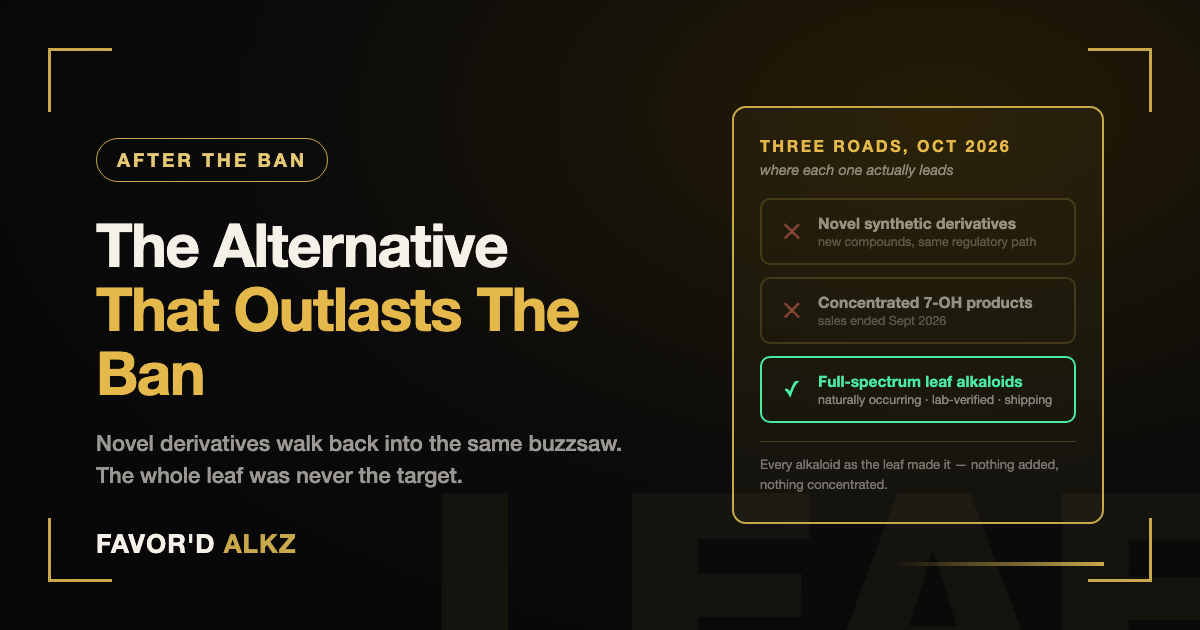 Three roads after the 7-OH ban — full-spectrum leaf is the one that lasts