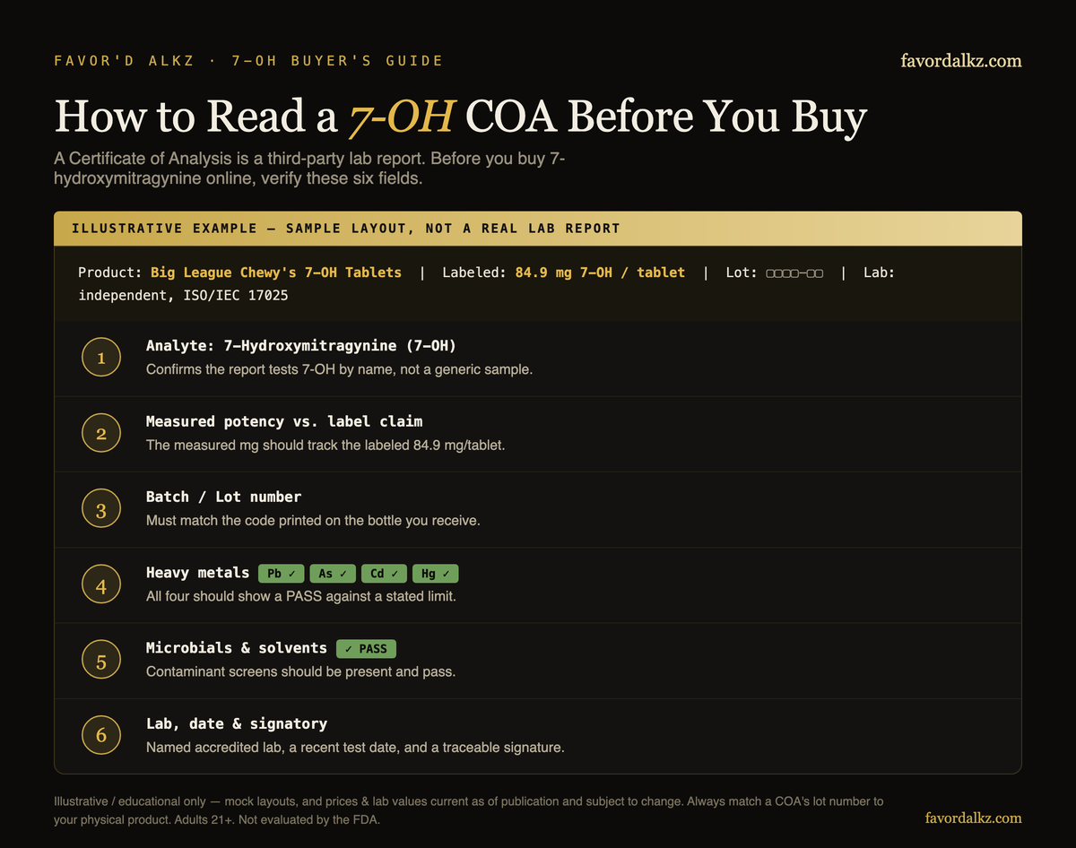 How to read a 7-OH COA before buying — illustrative example (Favor'd Alkz)