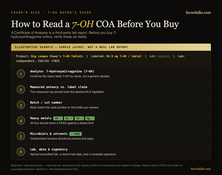 How to read a 7-OH COA before buying — illustrative example (Favor'd Alkz)
