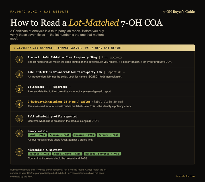 How to read a lot-matched 7-OH Certificate of Analysis — illustrative example (Favor'd Alkz)