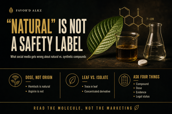 Favor'd ALKz infographic: 'Natural Is Not a Safety Label' — what social media gets wrong about natural vs. synthetic compounds, comparing a kratom leaf and extract with a lab flask and tablet, plus explainer panels.