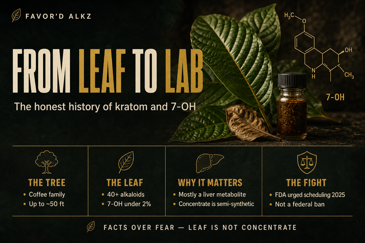 Favor'd ALKz infographic: 'From Leaf to Lab' — the honest history of kratom and 7-OH, with kratom leaves, a concentrate vial, the 7-OH molecule, and four explainer panels.