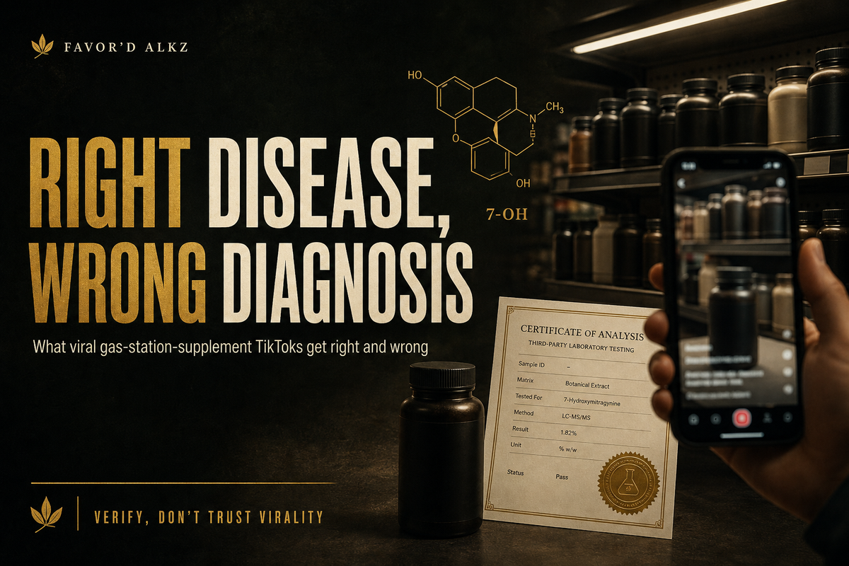 Favor'd ALKz editorial banner: 'Right Disease, Wrong Diagnosis' — what viral gas-station-supplement TikToks get right and wrong, with a supplement shelf, a phone filming a video, and a lab Certificate of Analysis.