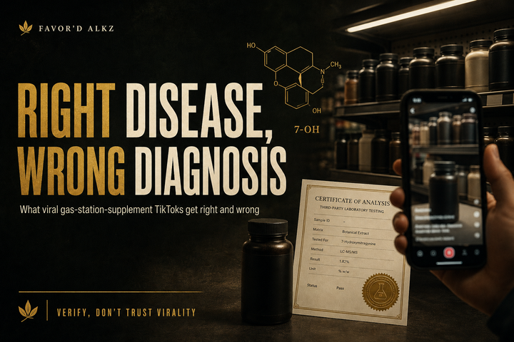 Favor'd ALKz editorial banner: 'Right Disease, Wrong Diagnosis' — what viral gas-station-supplement TikToks get right and wrong, with a supplement shelf, a phone filming a video, and a lab Certificate of Analysis.