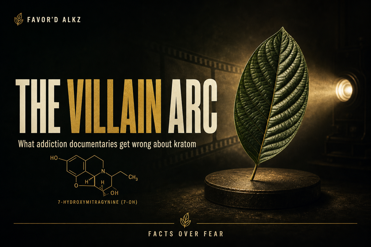 Favor'd ALKz editorial banner: 'The Villain Arc' — what addiction documentaries get wrong about kratom, with a kratom leaf spotlit on a darkened film set.