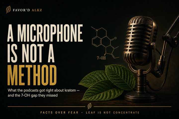 Favor'd ALKz editorial banner: 'A Microphone Is Not a Method' — what podcasts got right about kratom and the 7-OH gap they missed, with a studio microphone, kratom leaves, and the 7-OH molecule.
