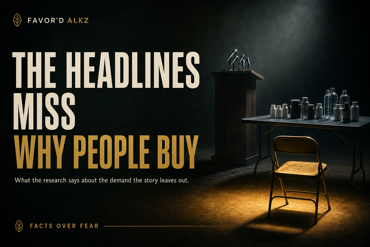 Favor'd ALKz editorial banner: 'The Headlines Miss Why People Buy' — what the research says about consumer demand, with an empty press podium and a single empty chair in a pool of warm light.