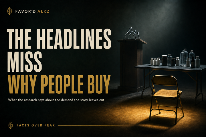 Favor'd ALKz editorial banner: 'The Headlines Miss Why People Buy' — what the research says about consumer demand, with an empty press podium and a single empty chair in a pool of warm light.