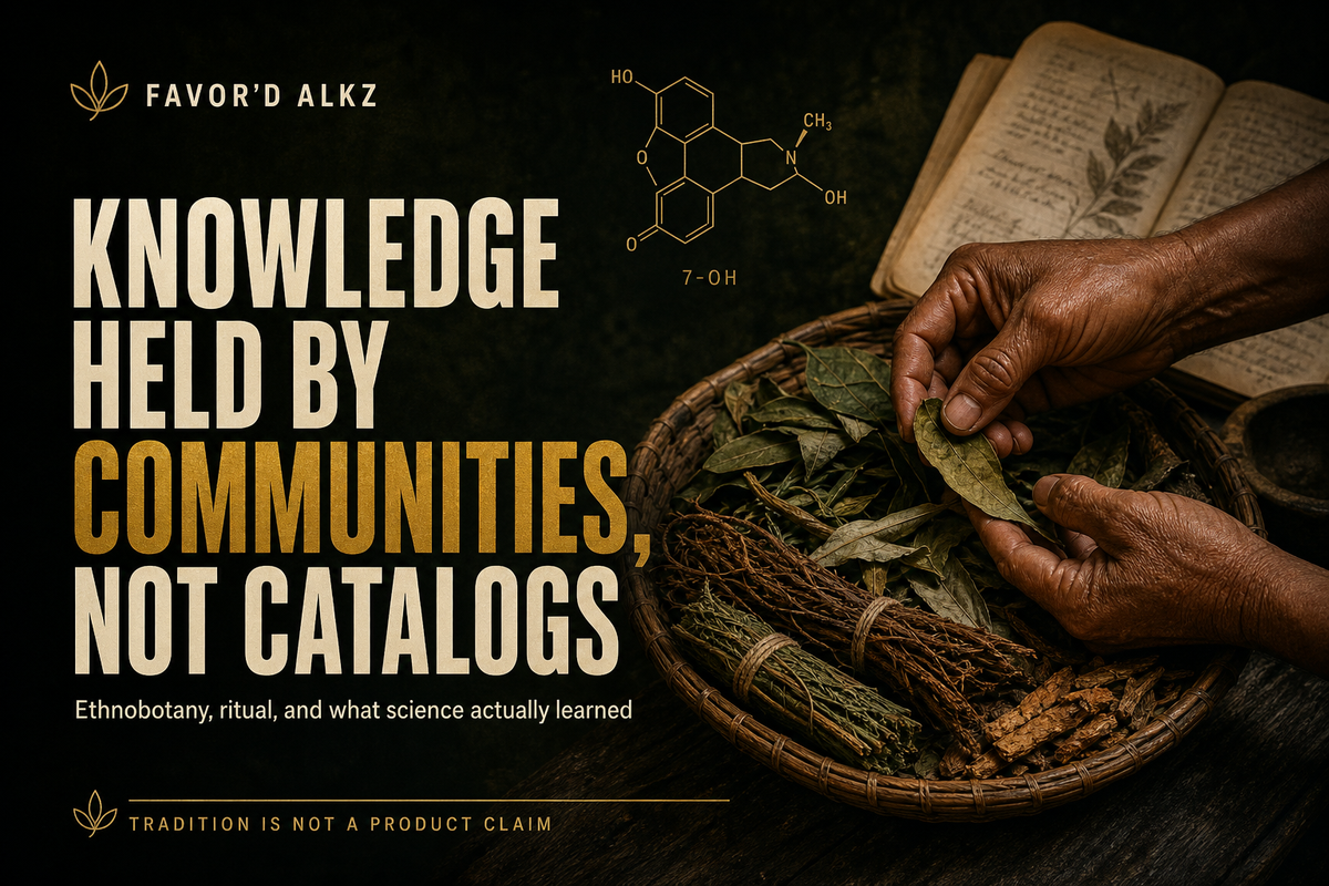 Favor'd ALKz editorial banner: 'Knowledge Held by Communities, Not Catalogs' — ethnobotany, ritual, and what science learned, with weathered hands sorting dried medicinal herbs over a woven basket.